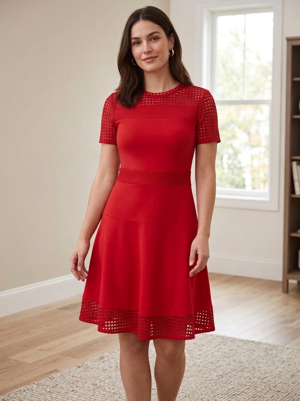 Michael Kors Red Eyelet Short-Sleeve Fit-and-Flare Dress